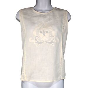 White Linen Sleeveless Blouse Small Semi Sheer Button Back Resortwear